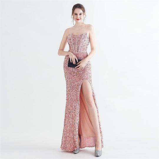 Colorful Sequin Lash Rope Chest Side Slit Tube Top Boning Corset Evening Dress