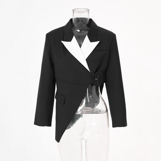 Niche Design Chic Ladies Spring Contrast Color Blazers Collar Asymmetric Trendy Coat