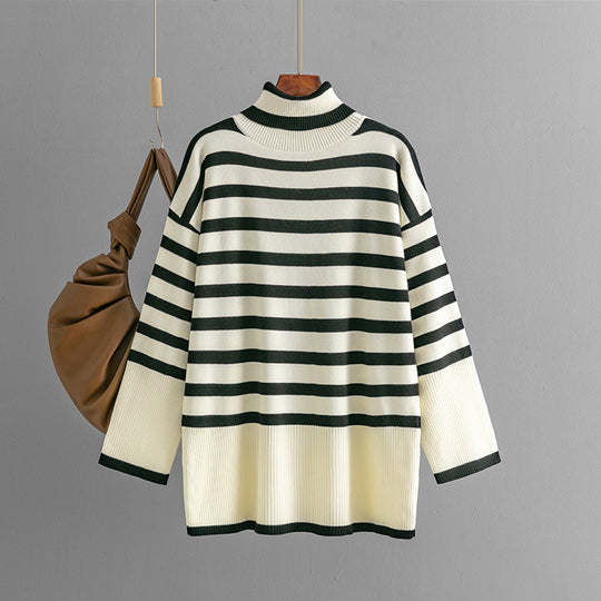 Striped Turtleneck Sweater Women Autumn Winter Loose Design Sweater Pullover Top