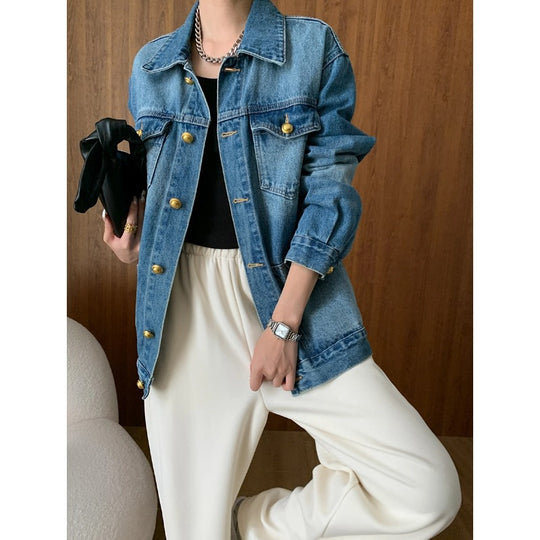 Fashionable Small Golden Button Washed Cotton Distressed Loose Denim Jacket Early Autumn