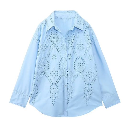 Summer Women Clothing Hollow Out Cutout Embroidered Shirt