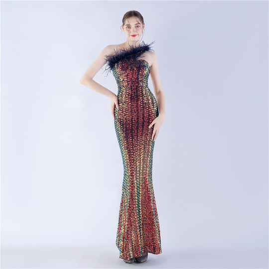 Craft Order Ostrich Feather Single Shoulder Diagonal Collar High Density Sequin High End Evening Dress