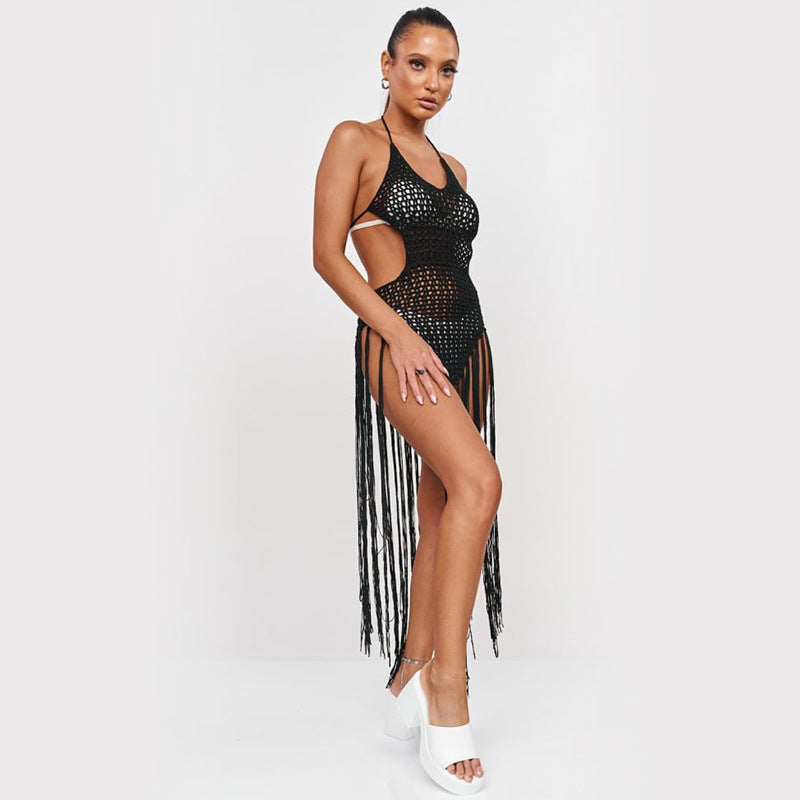 Sexy Hand Crocheting One Piece Tassel Beach Dress Backless Beach Bikini Cover up Sun Protective Clothing