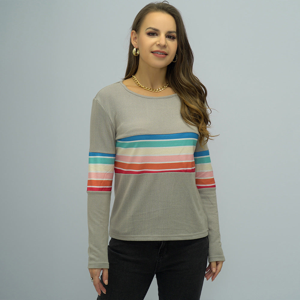 Spring Women Clothing Rainbow Striped round Neck Pullover Thin for Women