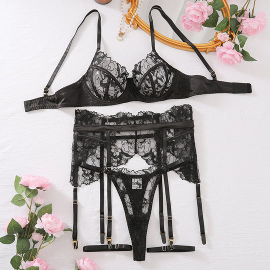 Three Point Sexy Lingerie Lace Embroidery Sexy Sheer Cutout Steel Ring Push up Four Piece Set