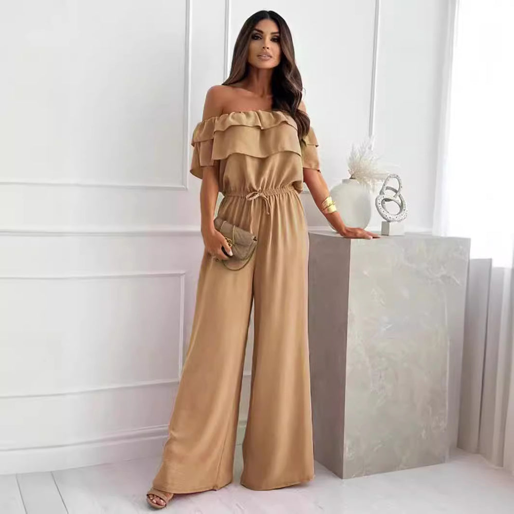 Women Clothing Summer Solid Color Office Ruffled off Shoulder Short Sleeved Jumpsuit