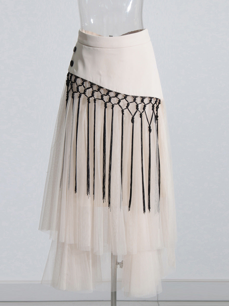 Personalized Machine Embroidery Midi Dress Spring High Waist Buckle Mesh Stitching Skirt