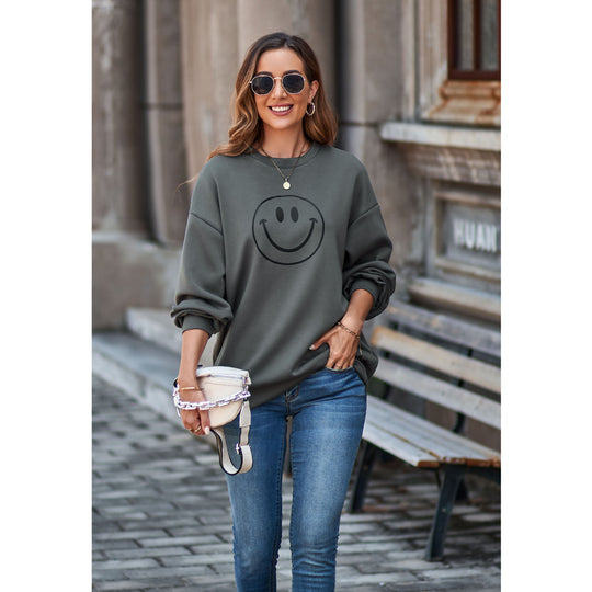 Autumn Winter Smiley Sweatshirt Round Neck Drop Shoulder Loose Pullover