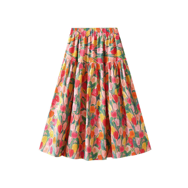 Vacation Printed Slimming Skirt Women Age Reducing Elastic Waist Wide Hem Long Skirt