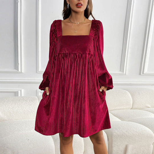 Autumn Winter Women Clothing Velvet Square Collar Solid Color Dress