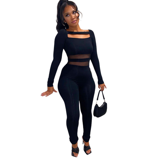 Women Clothing Autumn Winter Perspective Mesh Stitching Casual Jumpsuit