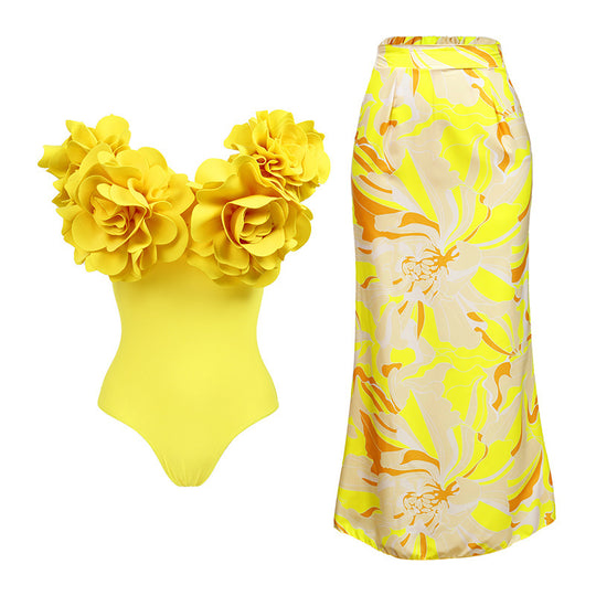 Solid Color Swimsuit Yellow One Piece Swimsuit Women Three Dimensional Floral Skirt Set Swimsuit