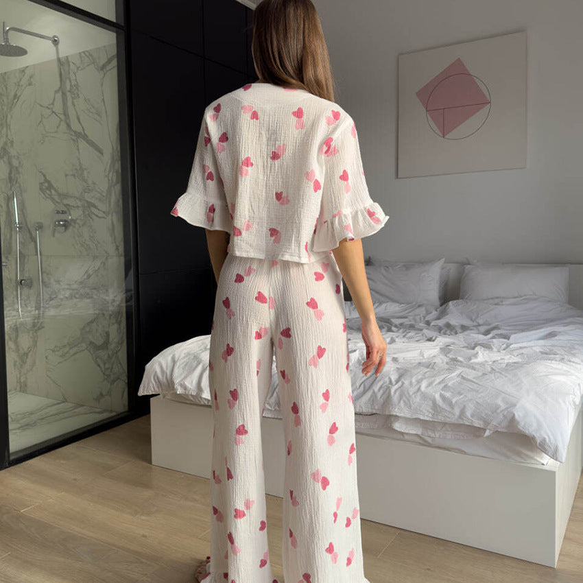 Spring Summer Heart Printing Ruffled Short Sleeves Trousers Pajamas Home Wear