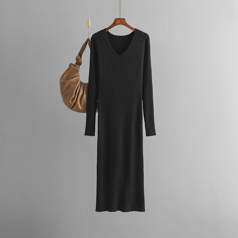 Autumn Winter V neck Knitted Dress Outer Wear Straight Slimming Long Sleeve Sunken Stripe Slit Base Overknee Sweater Dress