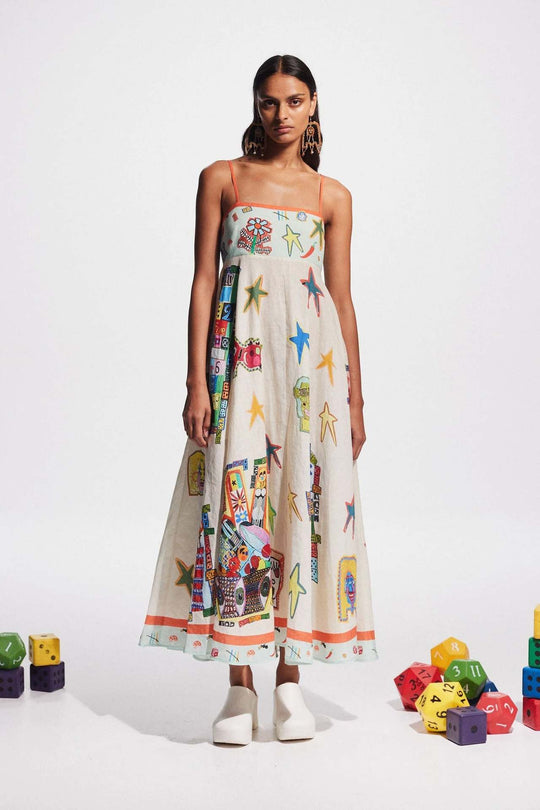 Sexy Graffiti Cotton Linen Printing Positioning Sling Swing Dress