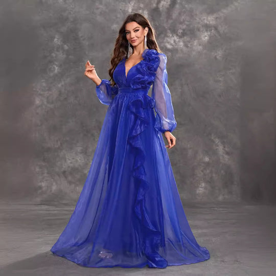 Women Prom Evening Dress V Neck Long Sleeve Three Dimensional Flounce Decorative Elegant Dress