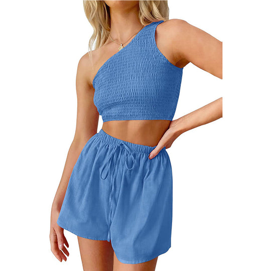 Women One Shoulder Pleated Cropped Top Shorts Beach Two Piece Suit