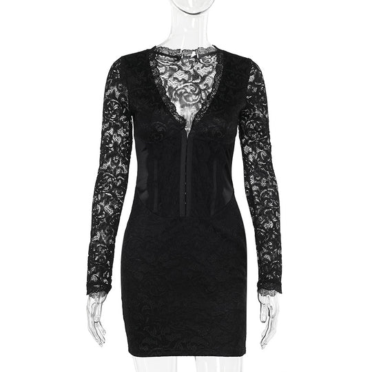 Autumn Elegant Sexy Long Sleeve Narrow Lace Mini Dress Women