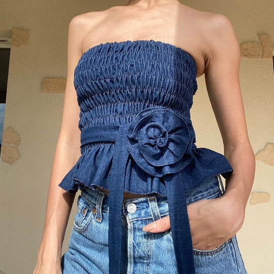 Summer Sexy Retro Denim Blue Floral Decorative Pleated Short Tube Top