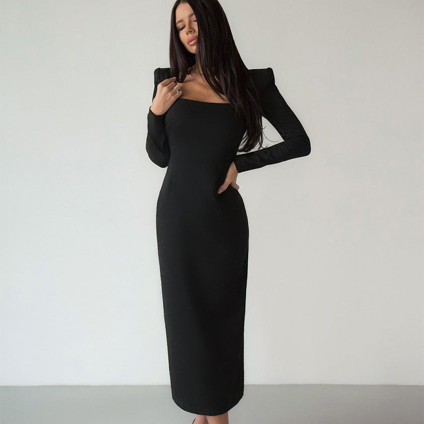 Autumn Winter Women  Clothing Maxi Dress Square Collar French Black Dress Slim Fit Sheath Design Dress for Women
