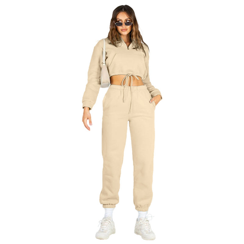 Autumn Winter Solid Color Stand Collar Zipper Drawstring Cropped Brushed Hoody Casual Sweatpants Suit Women