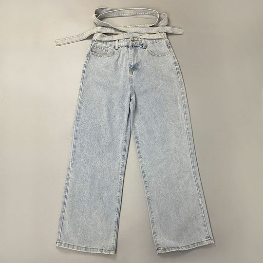 Street Fried Street Jeans High Waist Straight Pants Tied Rope Mop Wide Leg Pants