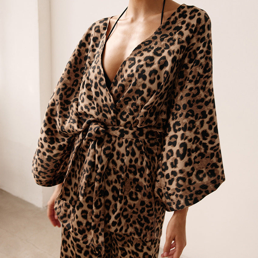 Spring Leopard Print Cardigan Nightgown Loose Trousers Pajamas Two Piece Set Soft Comfortable Ladies Homewear
