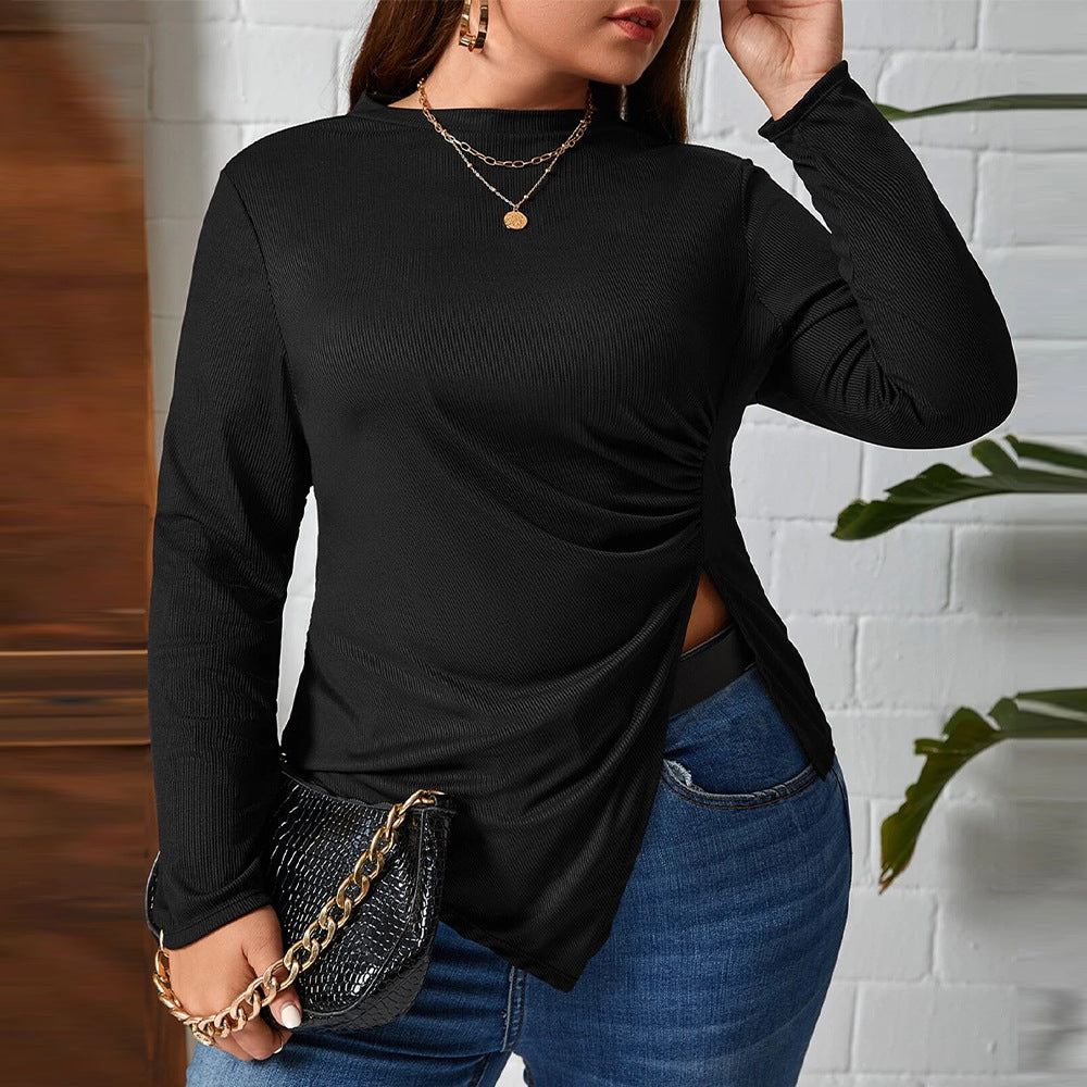 Autumn Winter plus Size Women Clothes round Neck Slim Fit Asymmetric Knitted Long Sleeved T shirt Top