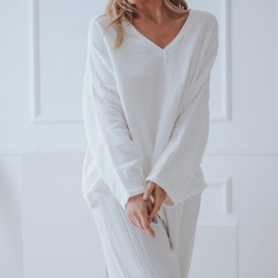 Cotton V Neck Crepe White Pajamas Trousers Long Sleeved Pajamas Spring Loose Homewear Women