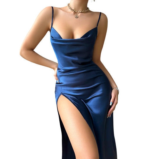 Sexy High Slit Seductive Ice Silk Long Pajamas Simple Women Home Clothes Backless Strap Nightdress Women