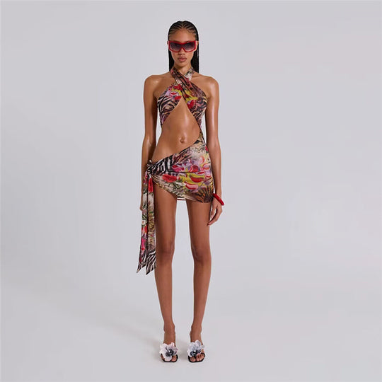 Summer Sexy Cropped Stitching Halter Printed Ribbon Dress