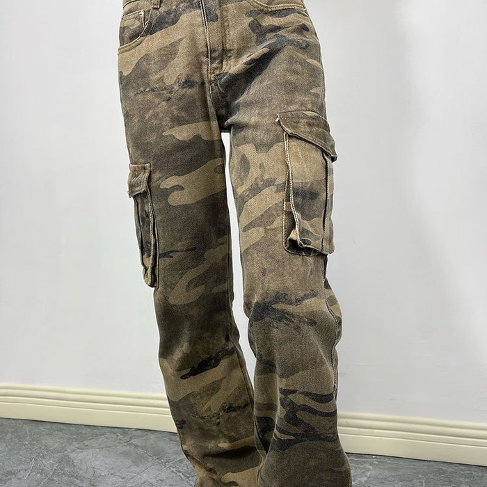 High Street Camouflage Workwear Personality Pocket Jeans Women Street Hipster Straight Leg Pants Trousers