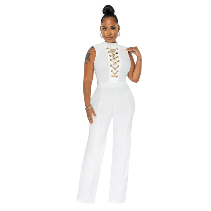 Women Clothing Sexy Solid Color Sleeveless Stand Collar round Neck One-Piece Wide-Leg Jumpsuit