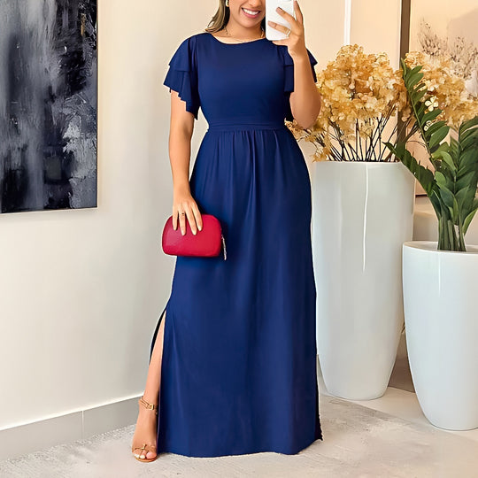 Simple Graceful Solid Color Women Clothing Dress Lace Waist Slimming Double Slit Dress