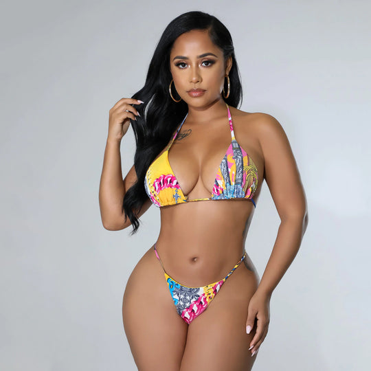 Summer Women Clothing Sexy Print Lace up Bikini Three Piece Set