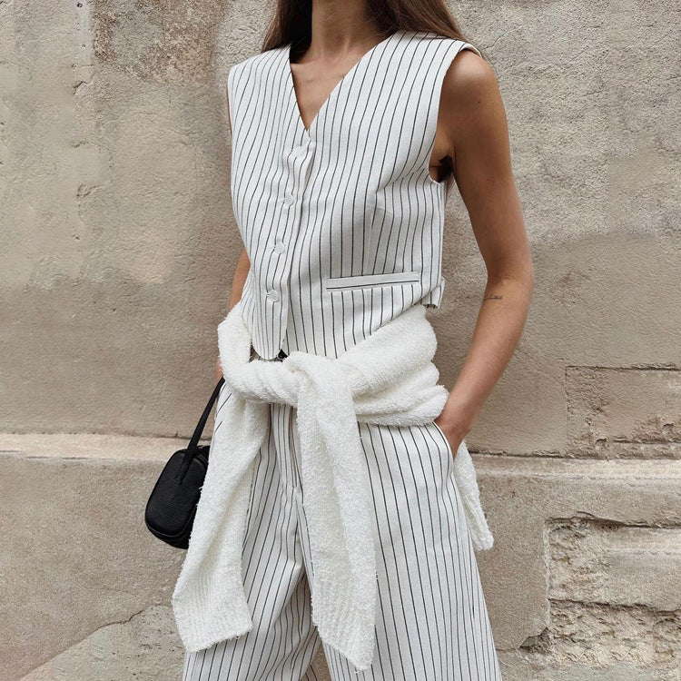 Striped Vest Trousers Summer Women Casual Wear Office Two Piece Set