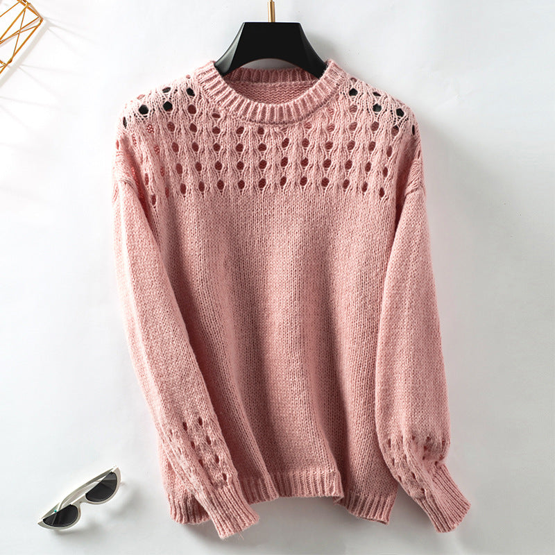 Hollow Out Cutout Sweater Women Autumn Winter Pullover Solid Color round Neck Sweaters Women Clothing Top