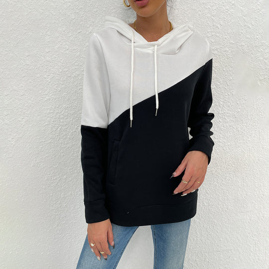 Spring Autumn Women Clothing round Neck Long Sleeve Black White Stitching Hooded Pullover Tops Sweater