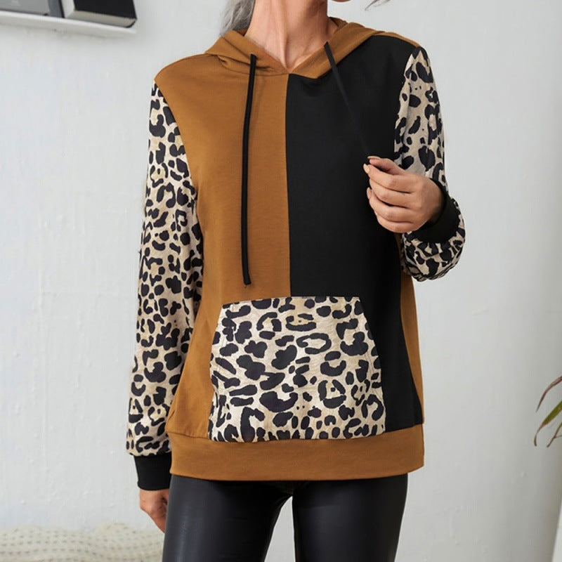 Casual Leopard Print Color Matching Long Sleeve round Neck Hooded T-shirt Loose Stitch Contrast Color Hoodie Top Women