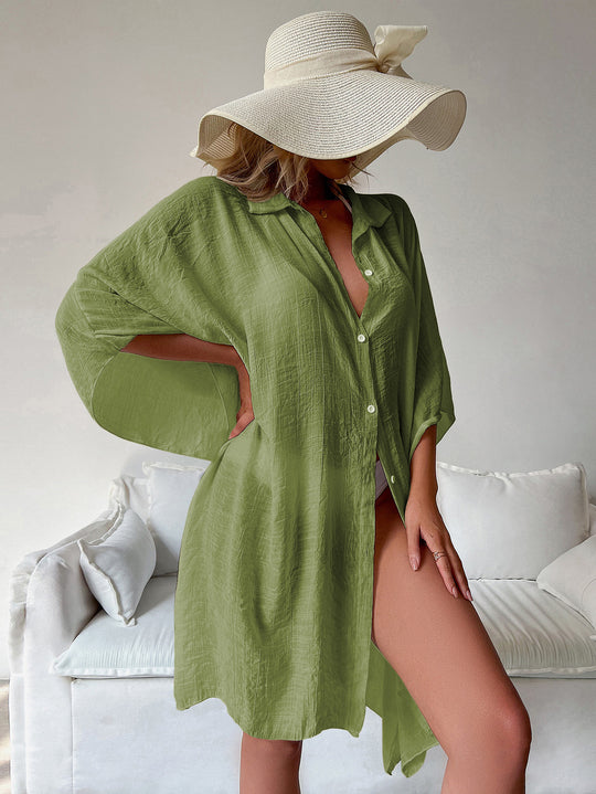 Bamboo Single Breasted Shirt Beach Cover up Sexy Cardigan Sun Protection Shirt Beach Cover Up