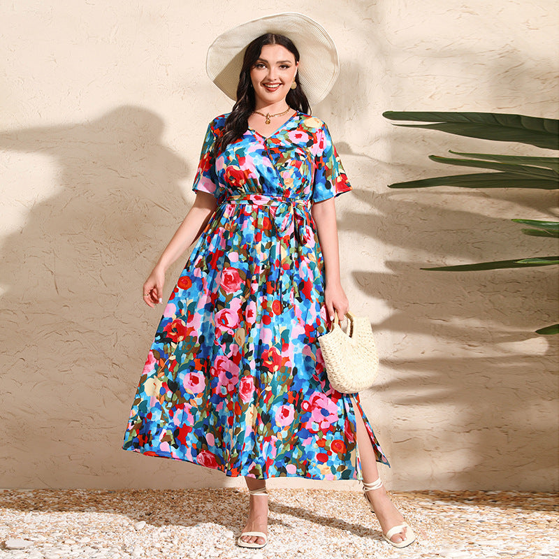 Colorful Rose Holiday Dress V Neck Short-Sleeved Chiffon Dress