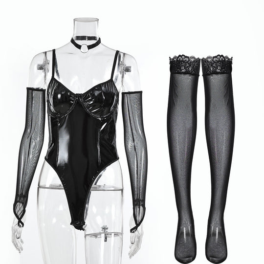 Lace Faux Leather Stitching See through Strap Sexy Jumpsuit Ladies