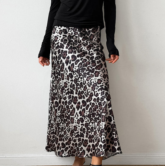 Leopard Print Satin A Swing Skirt Autumn Arrival All Match Long Skirt for Women