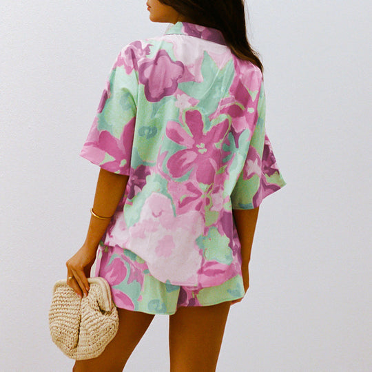 Summer Printed Polyester Two Piece Set Short Sleeve Shorts Can Be Worn outside Ladies Homewear