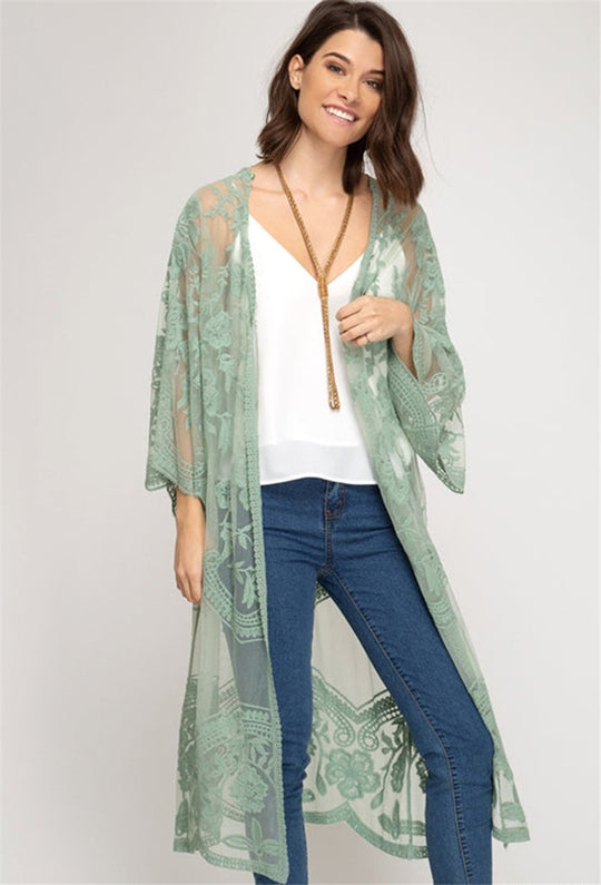 Lace Mesh Embroidered Beach Cover up Sexy Cardigan Sunscreen Beach