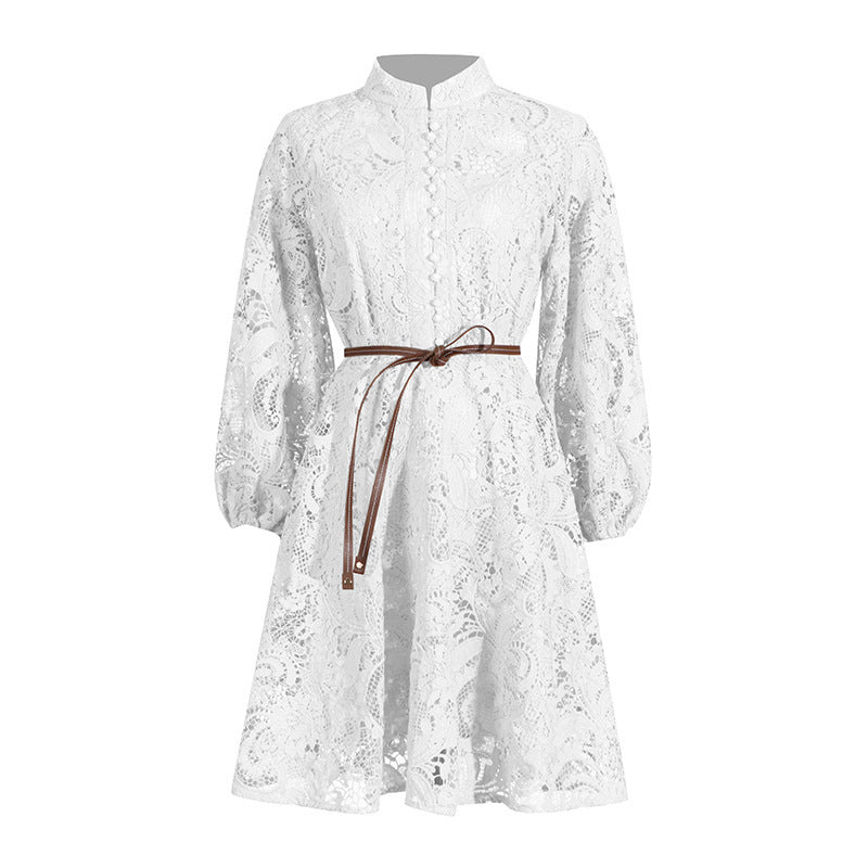 French Vintage Summer round Neck Refined Handmade Lace Hollow Out Cutout out Tied Long Sleeve Solid Color Women Dress