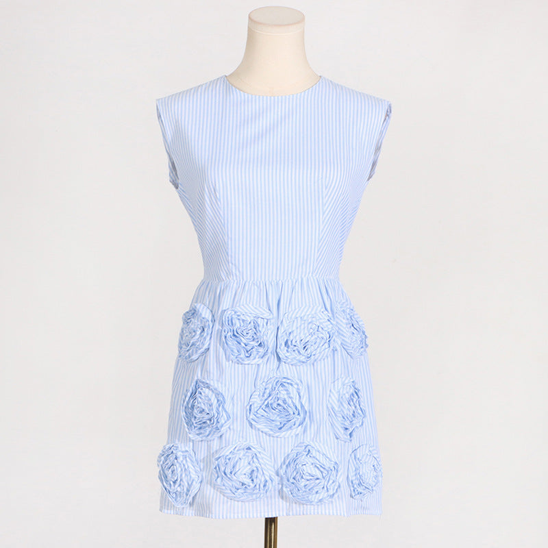 French Sweet Summer round Neck Sleeveless High Waist Short Three Dimensional Floral Stitching Solid Color Dress