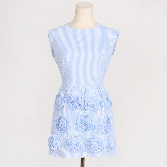 French Sweet Summer round Neck Sleeveless High Waist Short Three Dimensional Floral Stitching Solid Color Dress