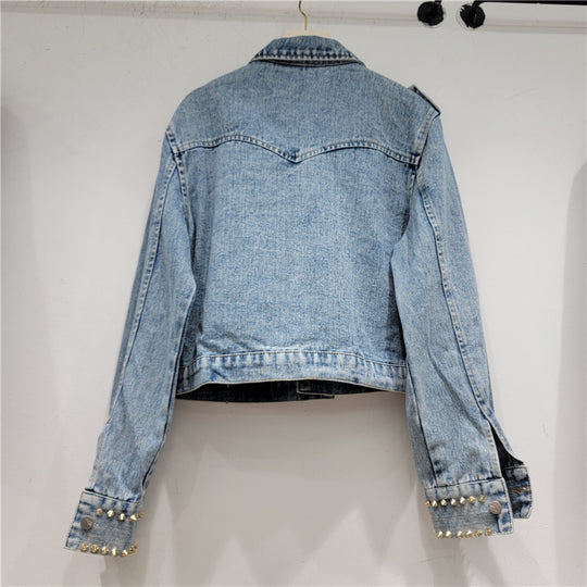 Autumn Heavy Industry Rhinestone Beaded Slimming All Matching Short Denim Coat Women