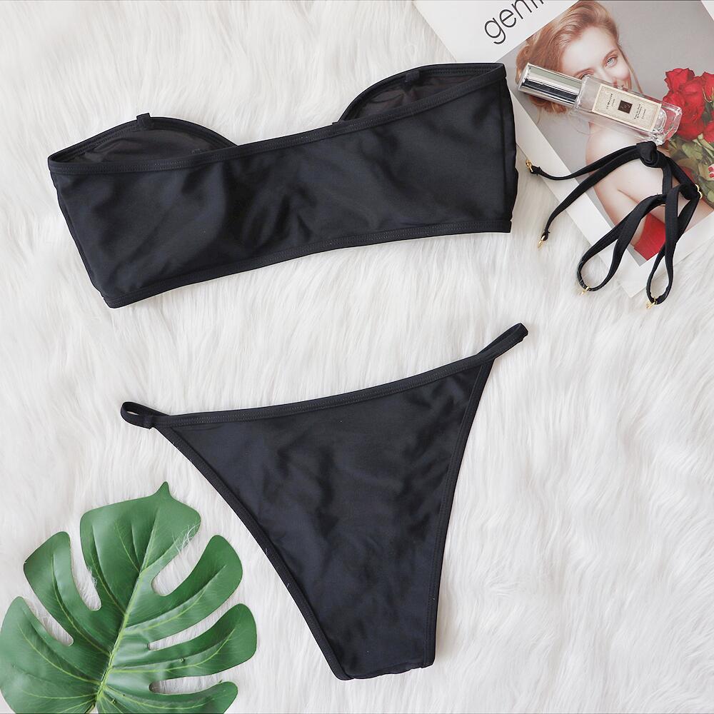 New Sexy Bikini Metal Accessories Hollow-out Swimsuit Solid Color Tube-Top Women Swimwear